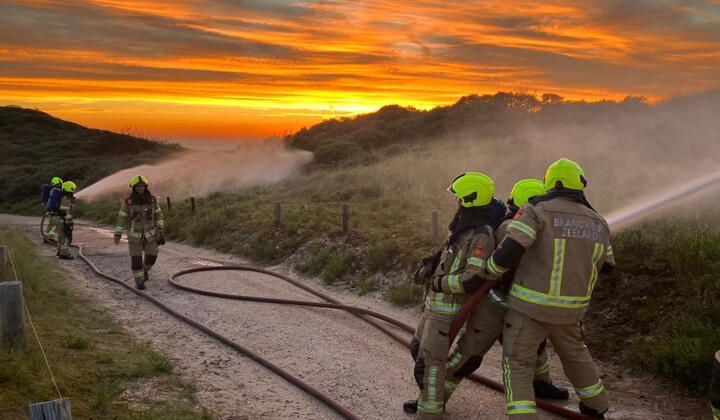 brandweermensen in Zeeland bestrijden natuurbrand
